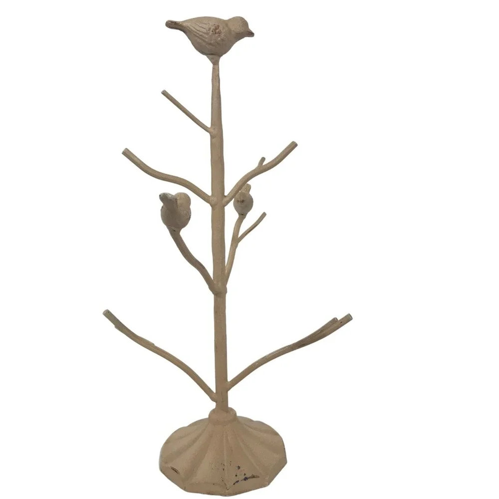 Vintage Metal Bird Jewelry Tree Stand Distressed Cream Farmhouse Decor 12.5in